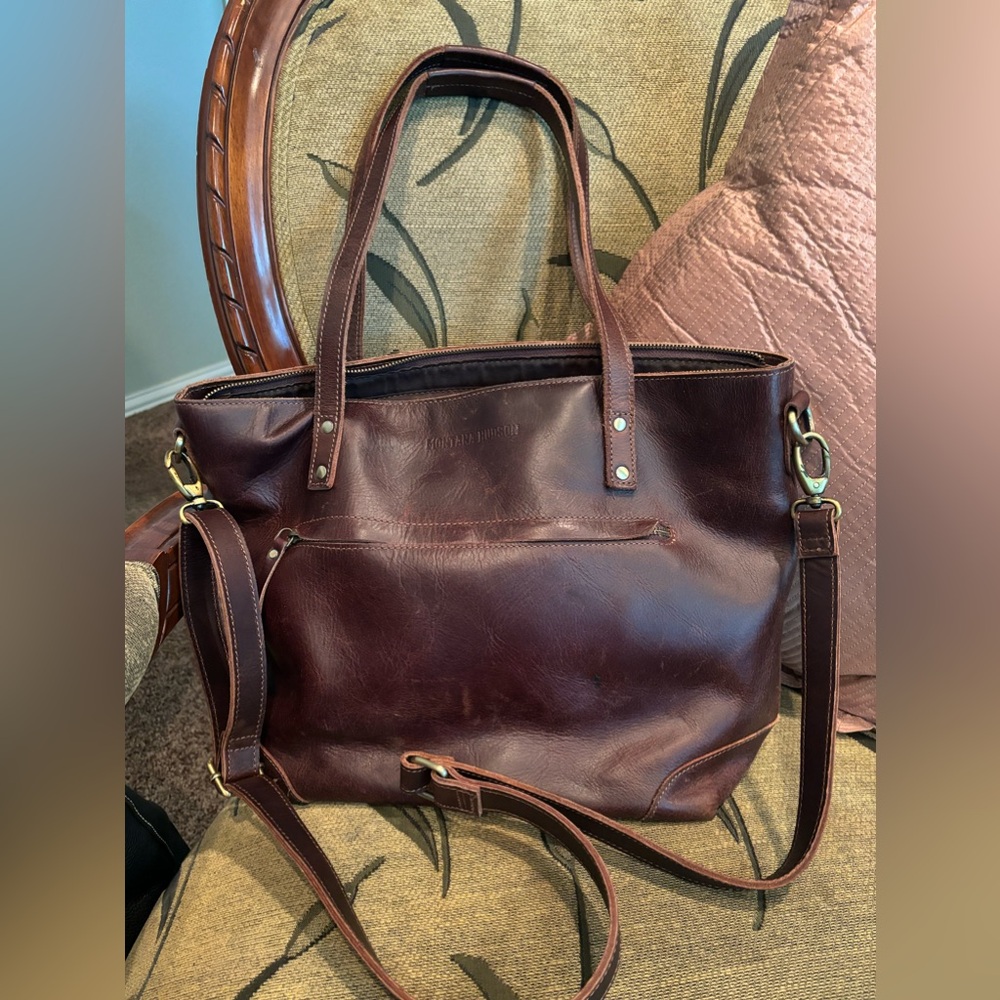 Montana Hudson leather tote with laptop sleeve.